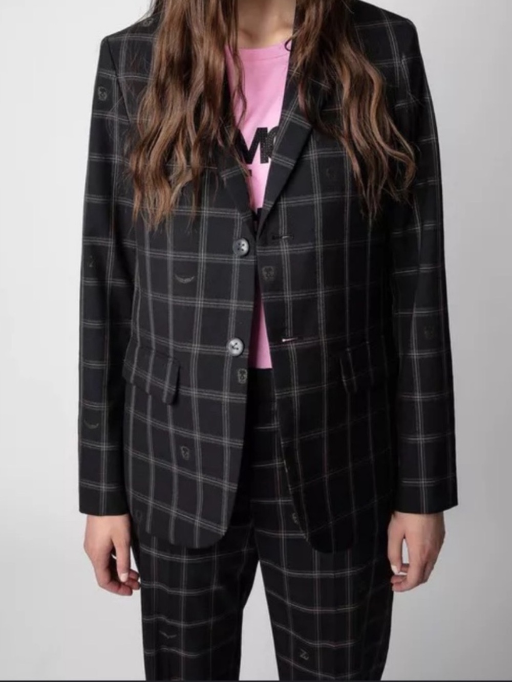 Zadig & Voltaire Black Plaid Windowpane Blazer Jacket with Skulls Vanielle Car